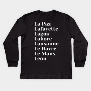 Cities starting with the letter, L, Mug, Mask, Pin, Mug, Mask, Pin Kids Long Sleeve T-Shirt